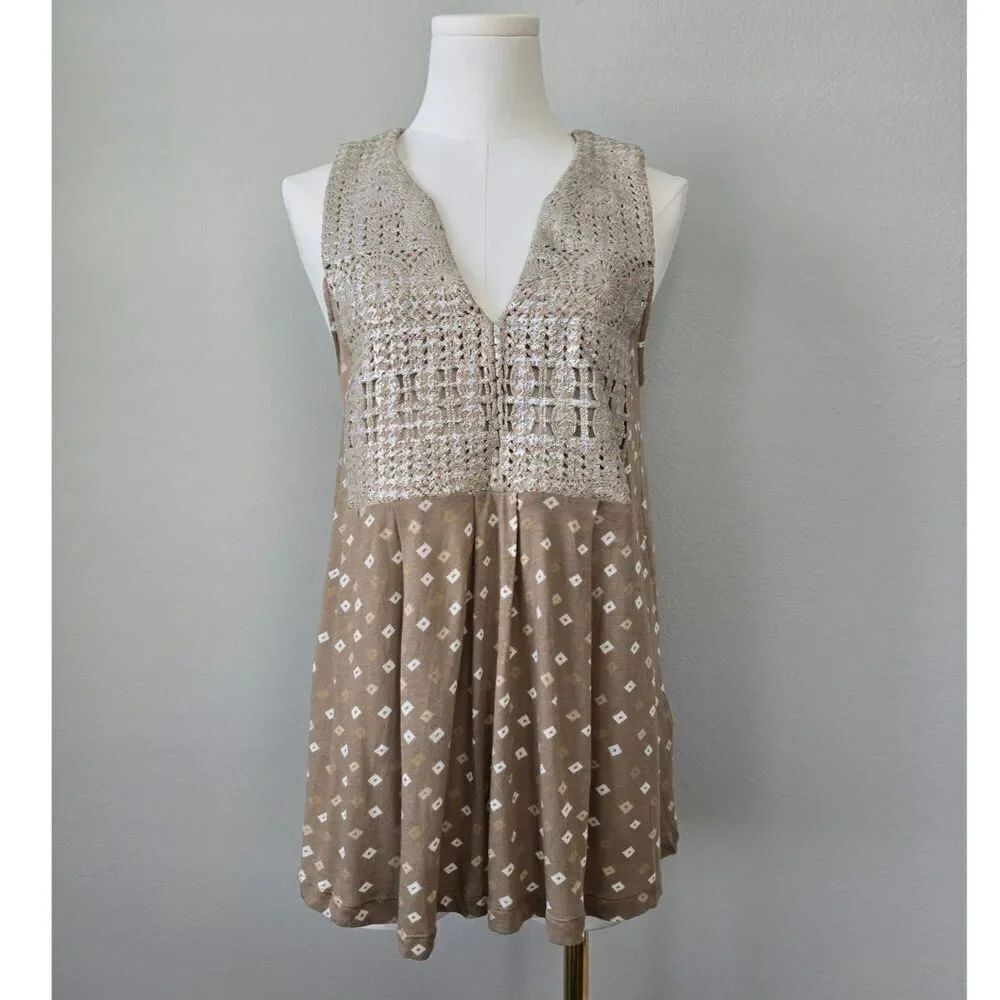 Tiny Anthropologie Crochet Boho Tank Top Beige Sleeveless Tunic Size S Festival